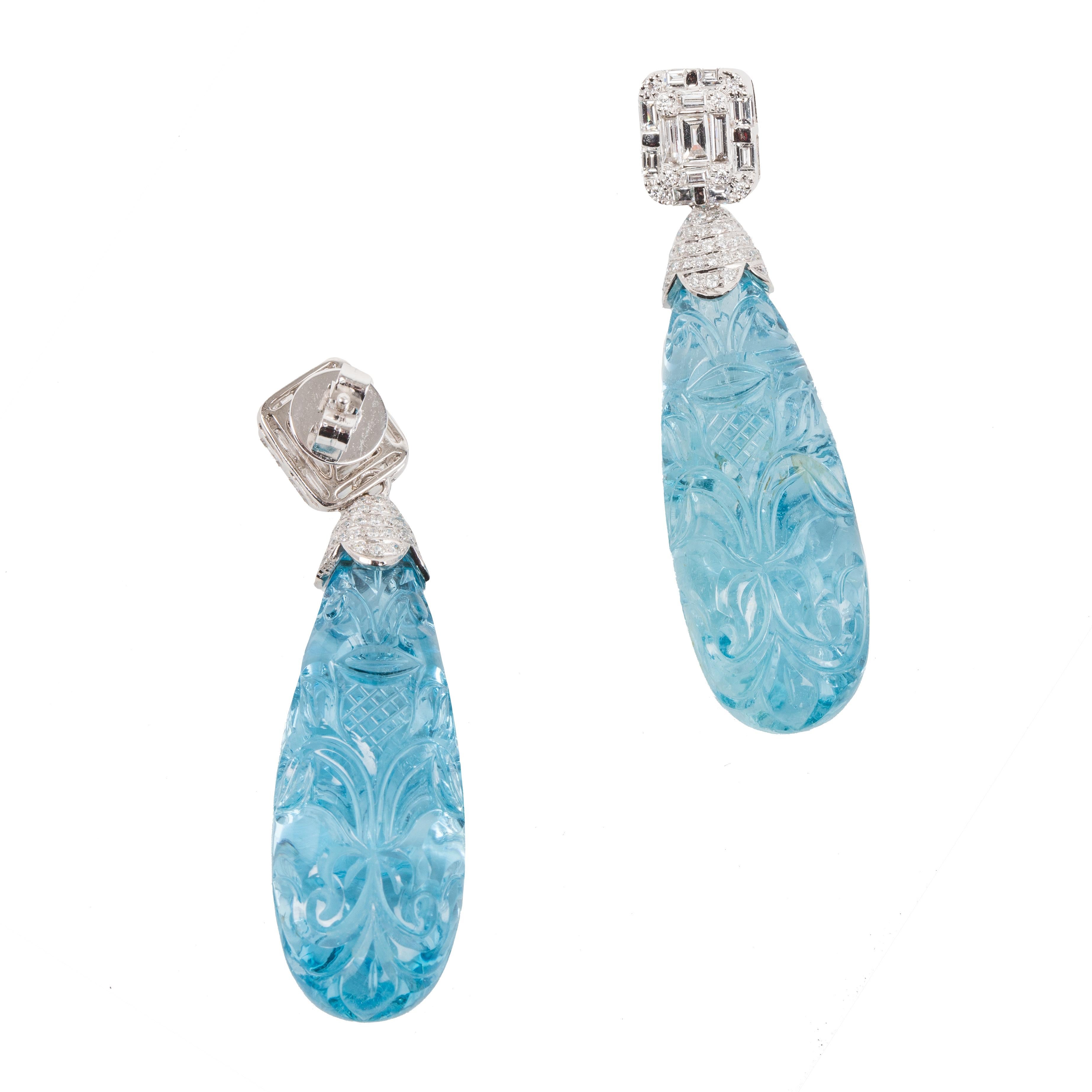 Old European Cut Natural Carved Aquamarine Drop Earrings For Sale