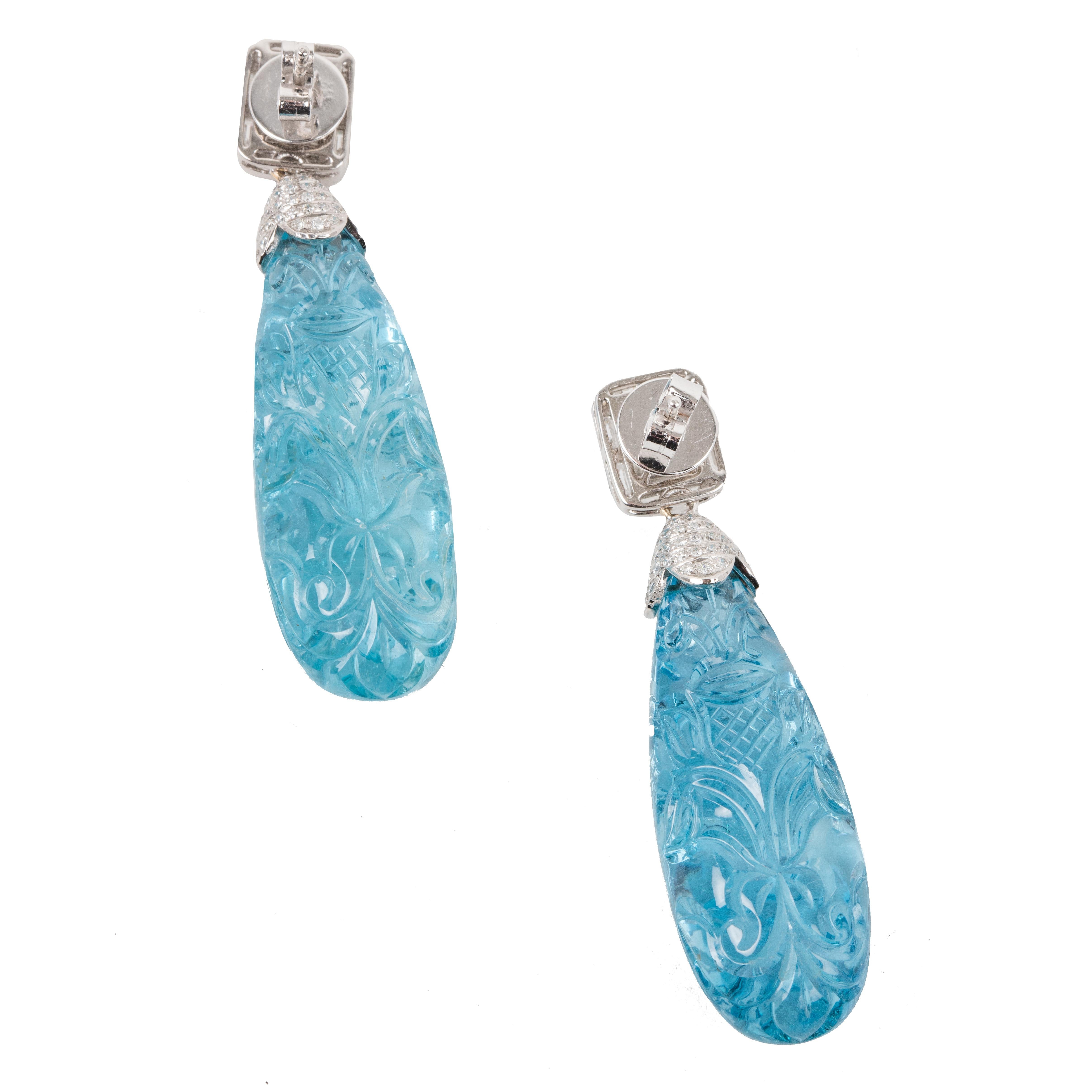 Natural Carved Aquamarine Drop Earrings In New Condition For Sale In New York, NY