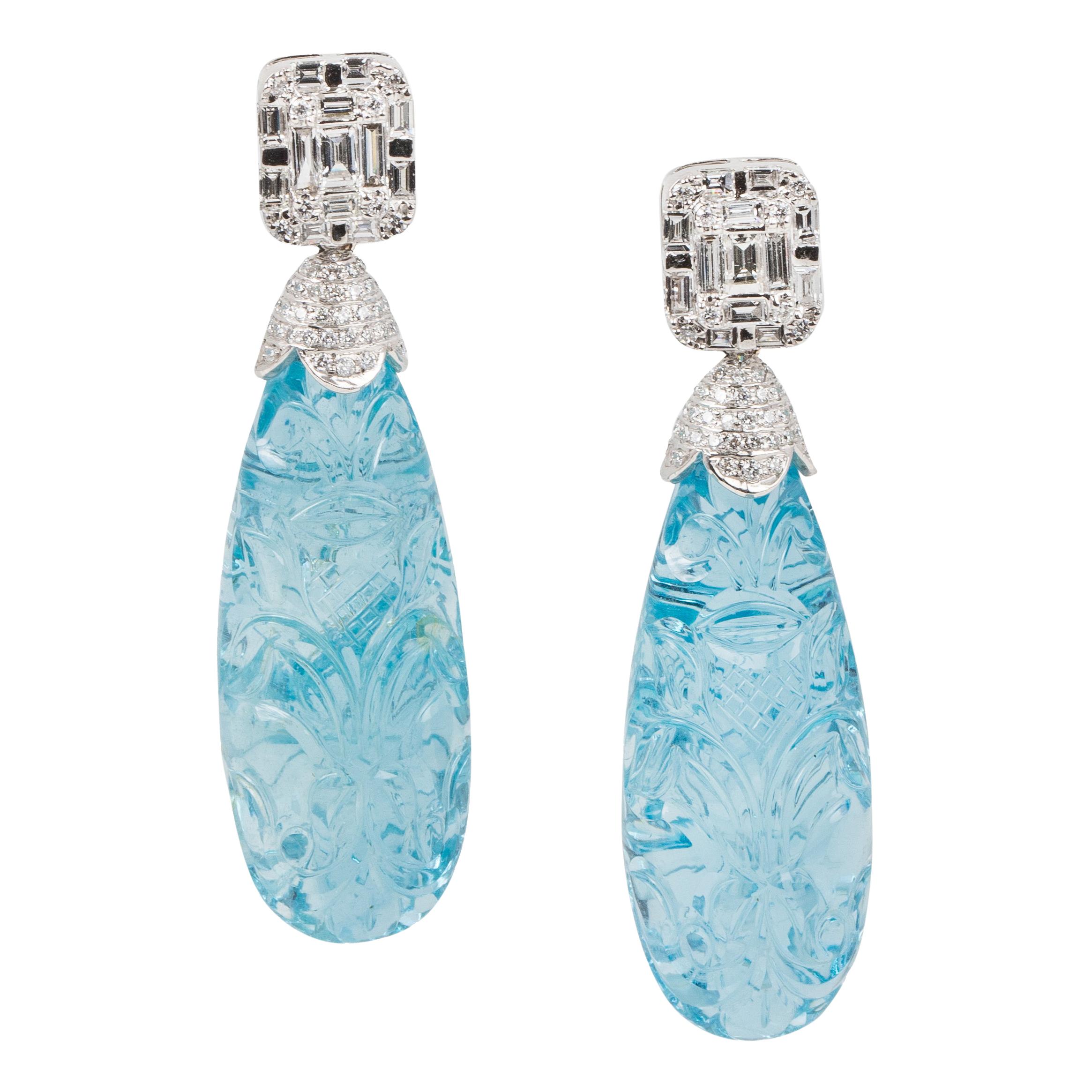 Natural Carved Aquamarine Drop Earrings For Sale