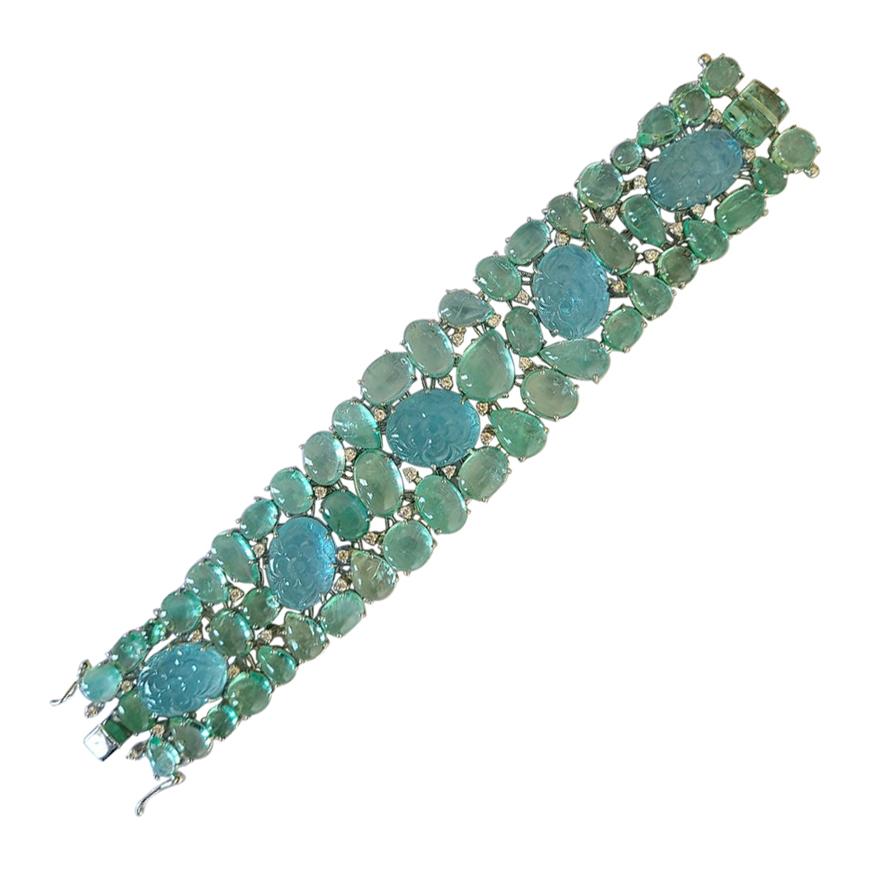 Natural Carved Aquamarine, Emerald and Diamond Bracelet Set in 18 Karat Gold