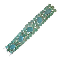 Natural Carved Aquamarine, Emerald and Diamond Bracelet Set in 18 Karat Gold