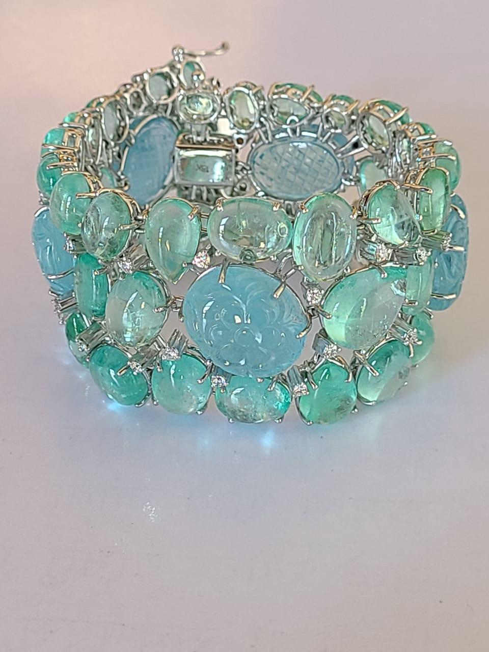 Cabochon Natural Carved Aquamarine, Emerald and Diamond Bracelet Set in 18 Karat Gold