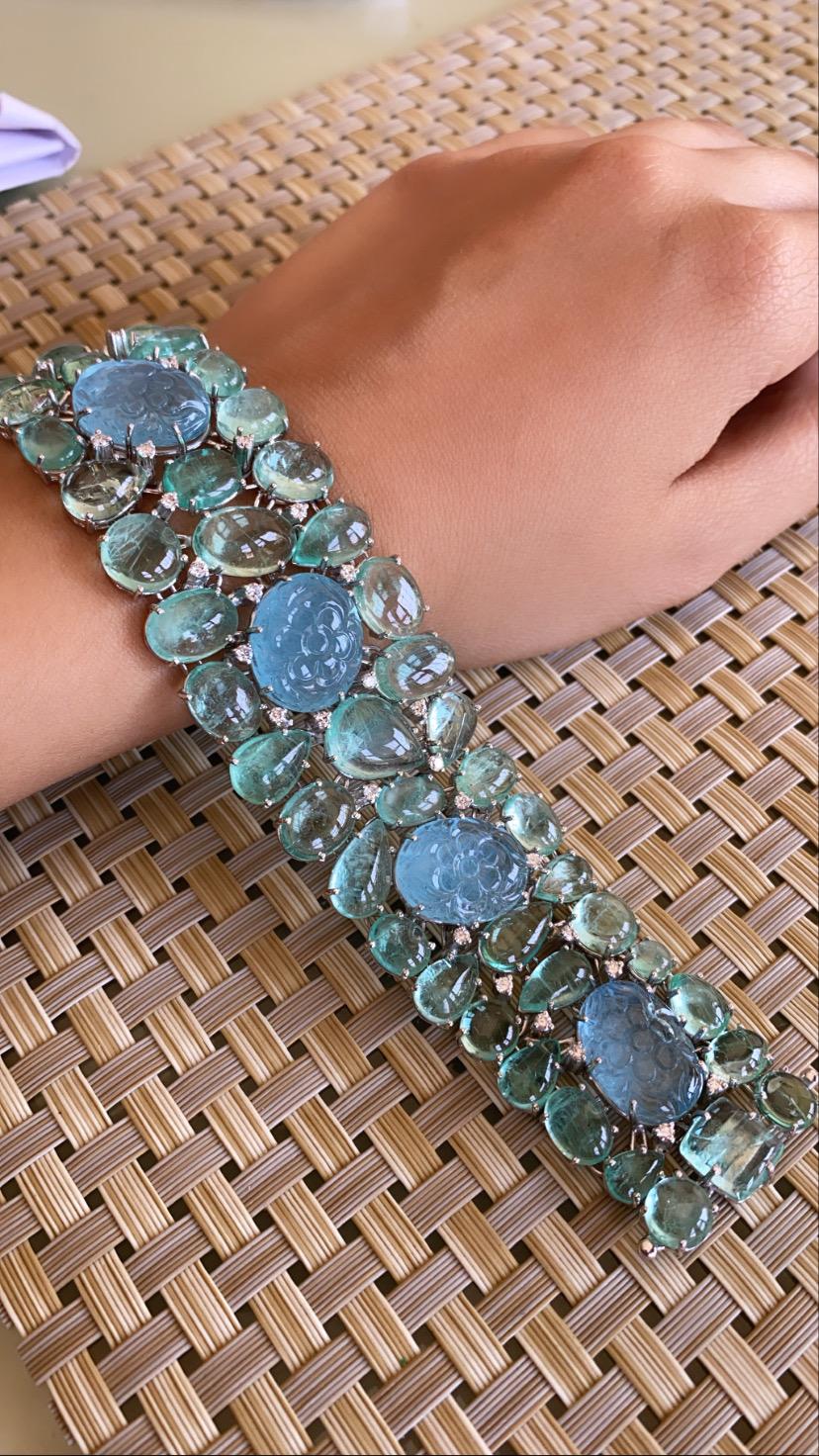 Women's Natural Carved Aquamarine, Emerald and Diamond Bracelet Set in 18 Karat Gold