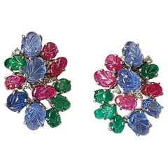 Natural Carved Blue Sapphire, Emerald & Ruby Stud Earrings Set in 18K White Gold
