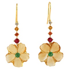 Natural Carved Citrine Emerald Ruby And Sapphire Flower Earrings 18K Gold