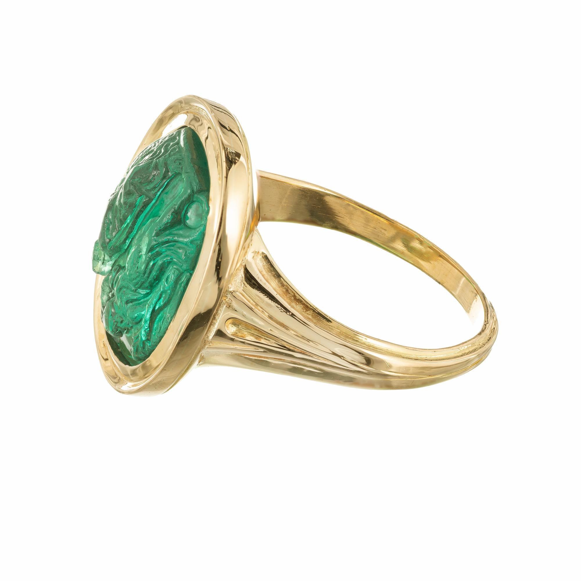 Oval Cut Natural Carved Colombian Emerald Gold Cocktail Ring