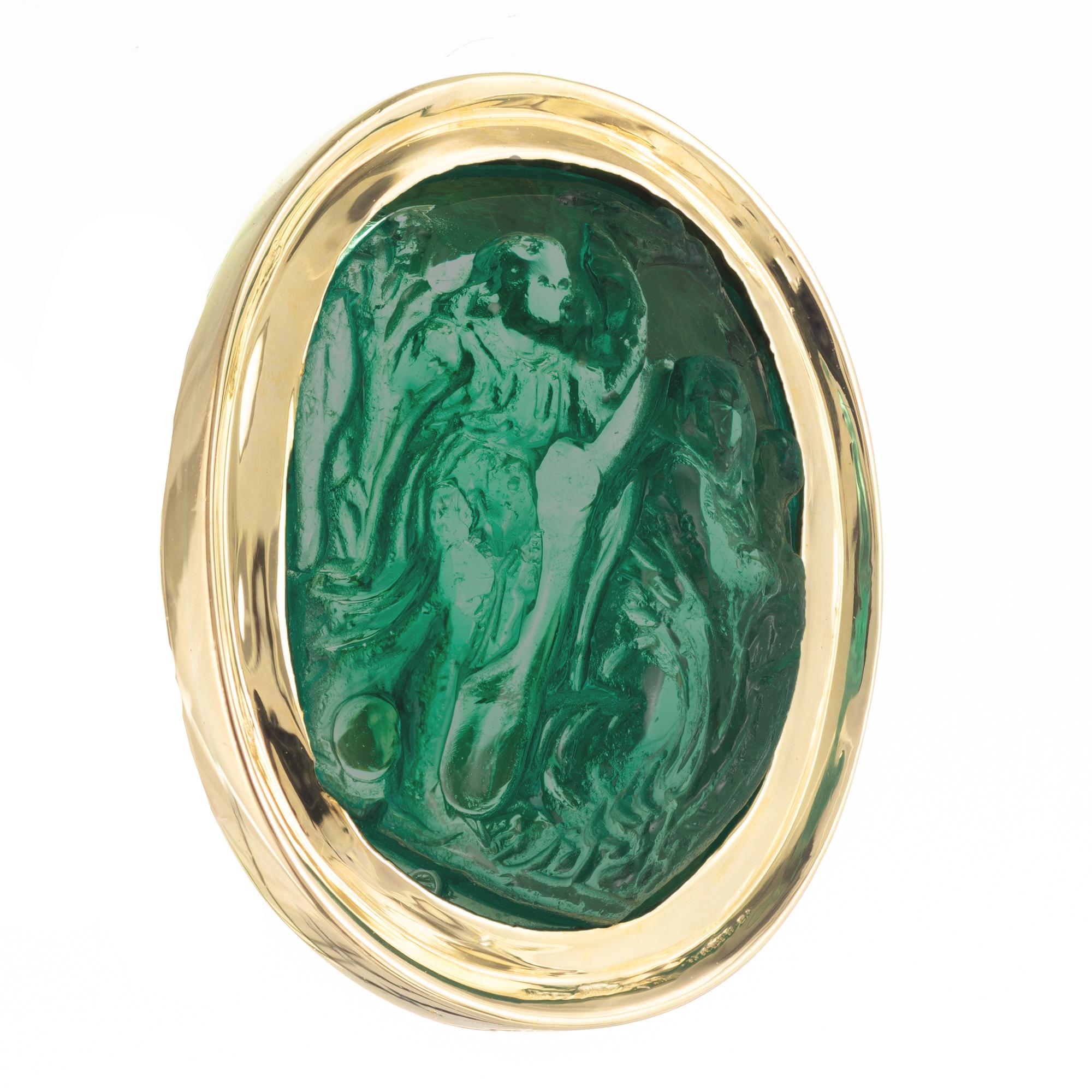 Women's or Men's Natural Carved Colombian Emerald Gold Cocktail Ring