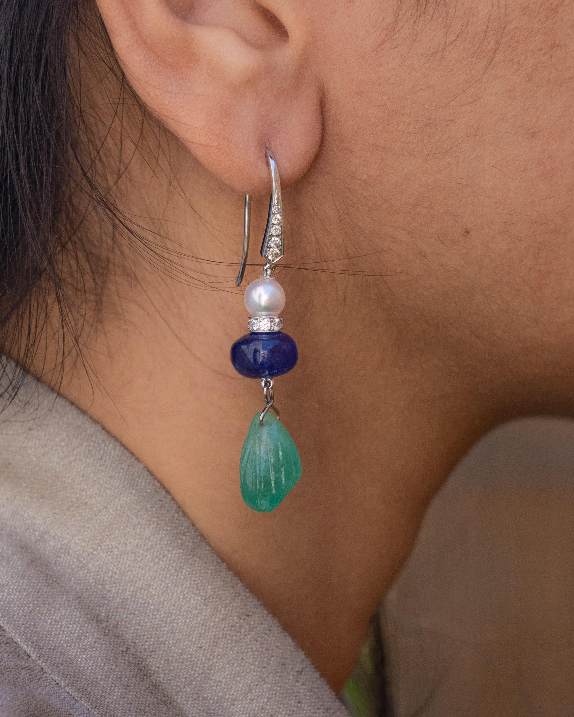 Art Nouveau Natural Carved Colombian Emeralds, Sapphires with Diamonds Earrings in 18K Gold For Sale