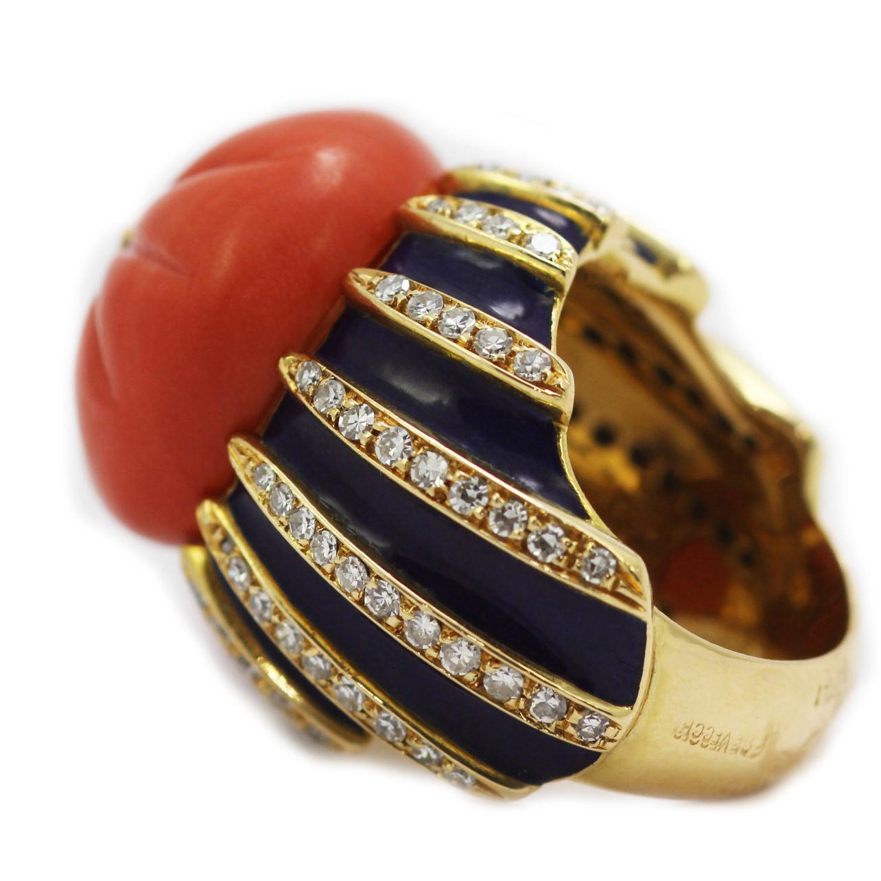Modern Natural Carved Coral, Diamond and Enamel Ring Made in Italy 18 Karat Yellow Gold