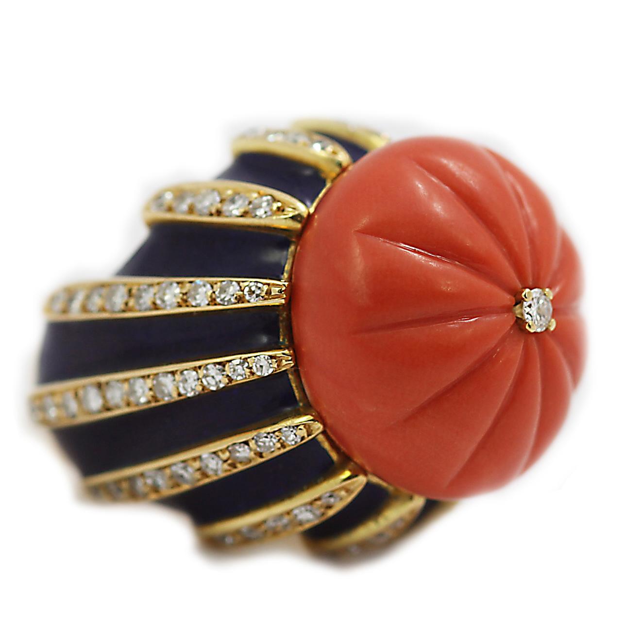Round Cut Natural Carved Coral, Diamond and Enamel Ring Made in Italy 18 Karat Yellow Gold