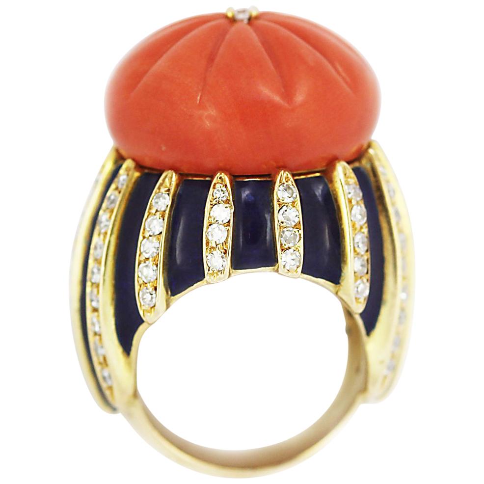 Natural Carved Coral, Diamond and Enamel Ring Made in Italy 18 Karat Yellow Gold