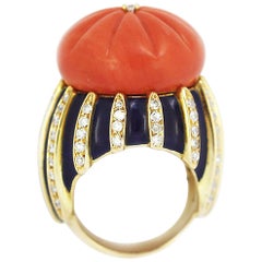 Natural Carved Coral, Diamond and Enamel Ring Made in Italy 18 Karat Yellow Gold