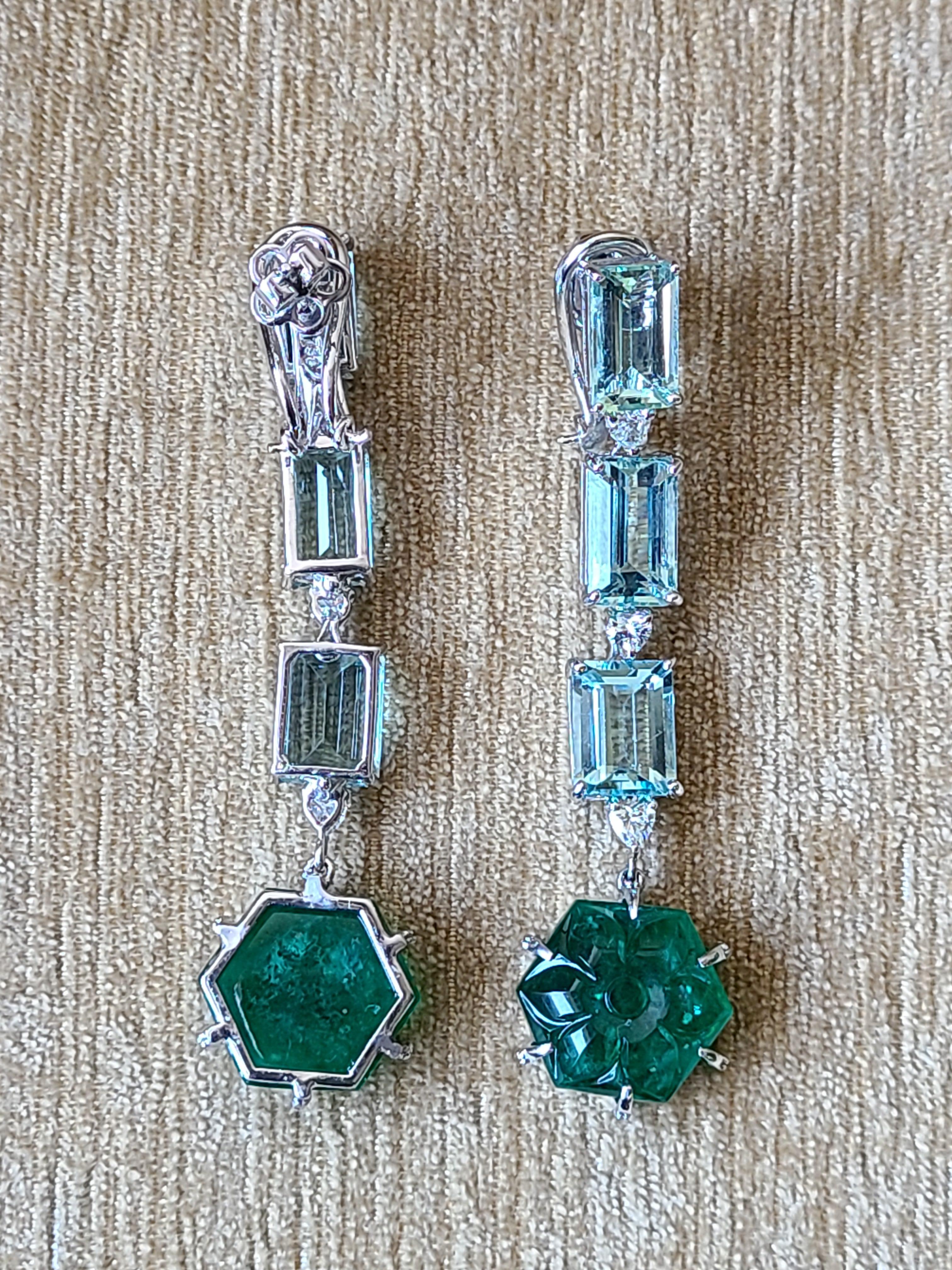 Cabochon Natural Carved Emerald and Aquamarine Earrings Set in 18 Karat Gold with Diamond