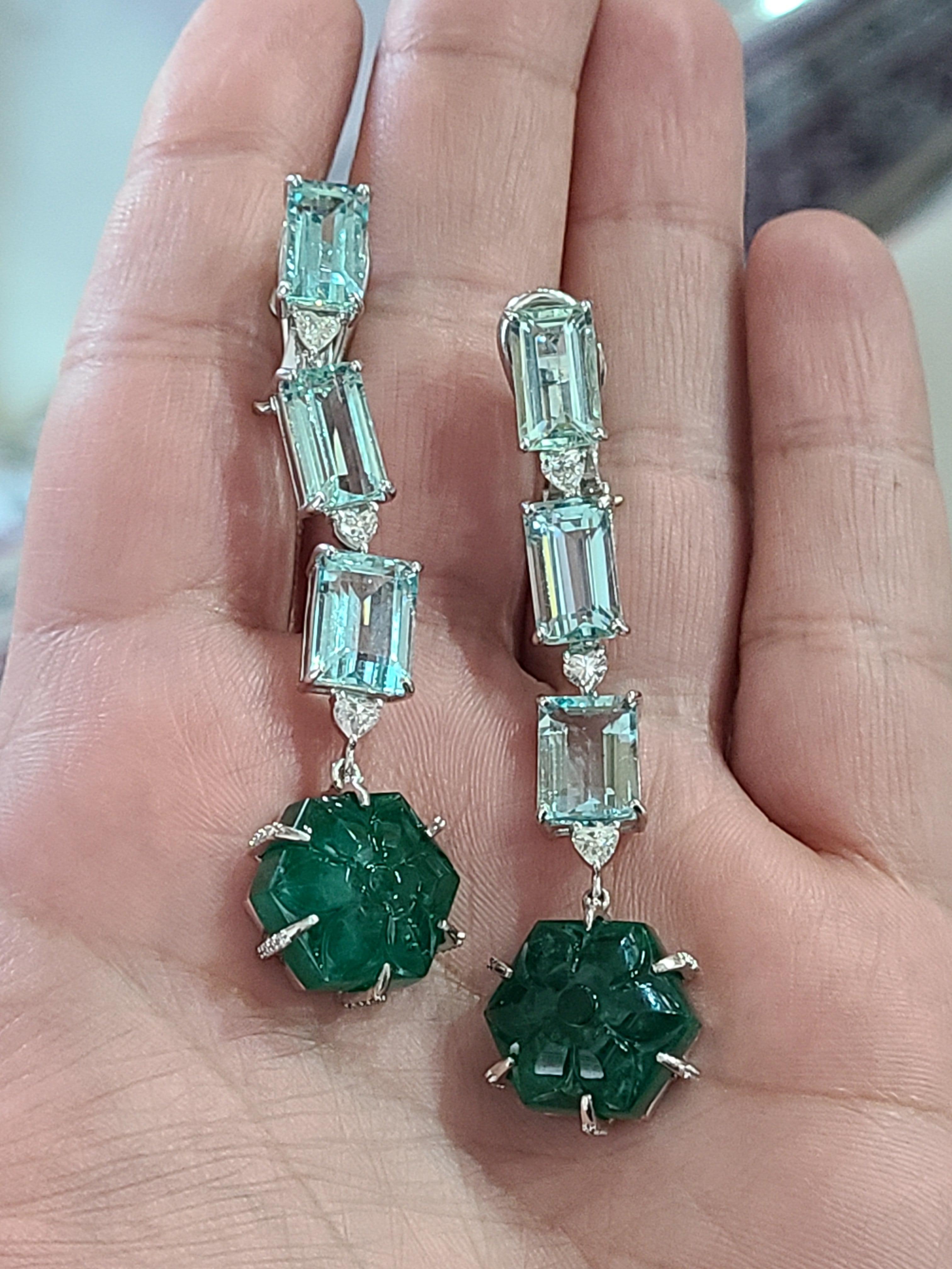 Natural Carved Emerald and Aquamarine Earrings Set in 18 Karat Gold with Diamond 1