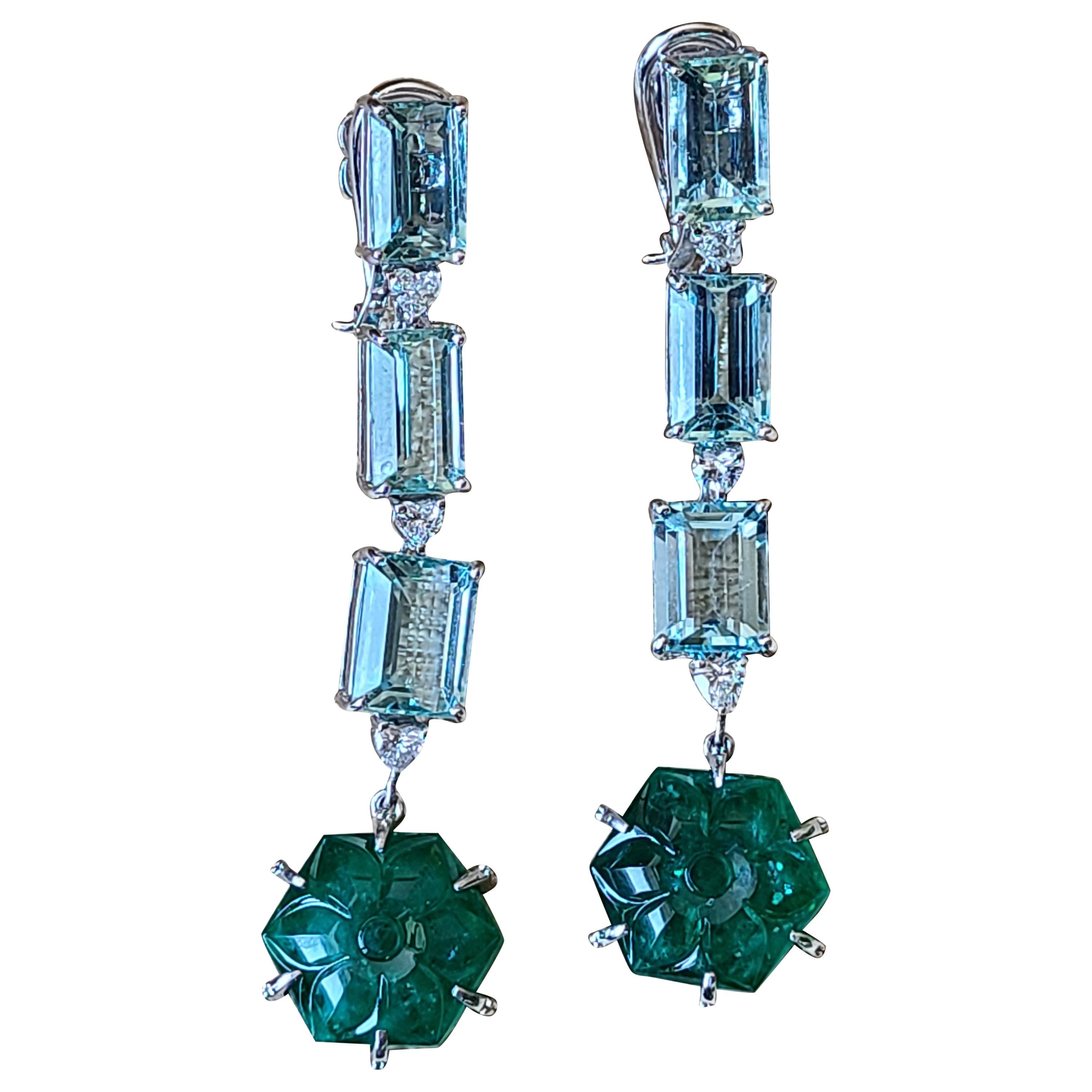 Natural Carved Emerald and Aquamarine Earrings Set in 18 Karat Gold with Diamond