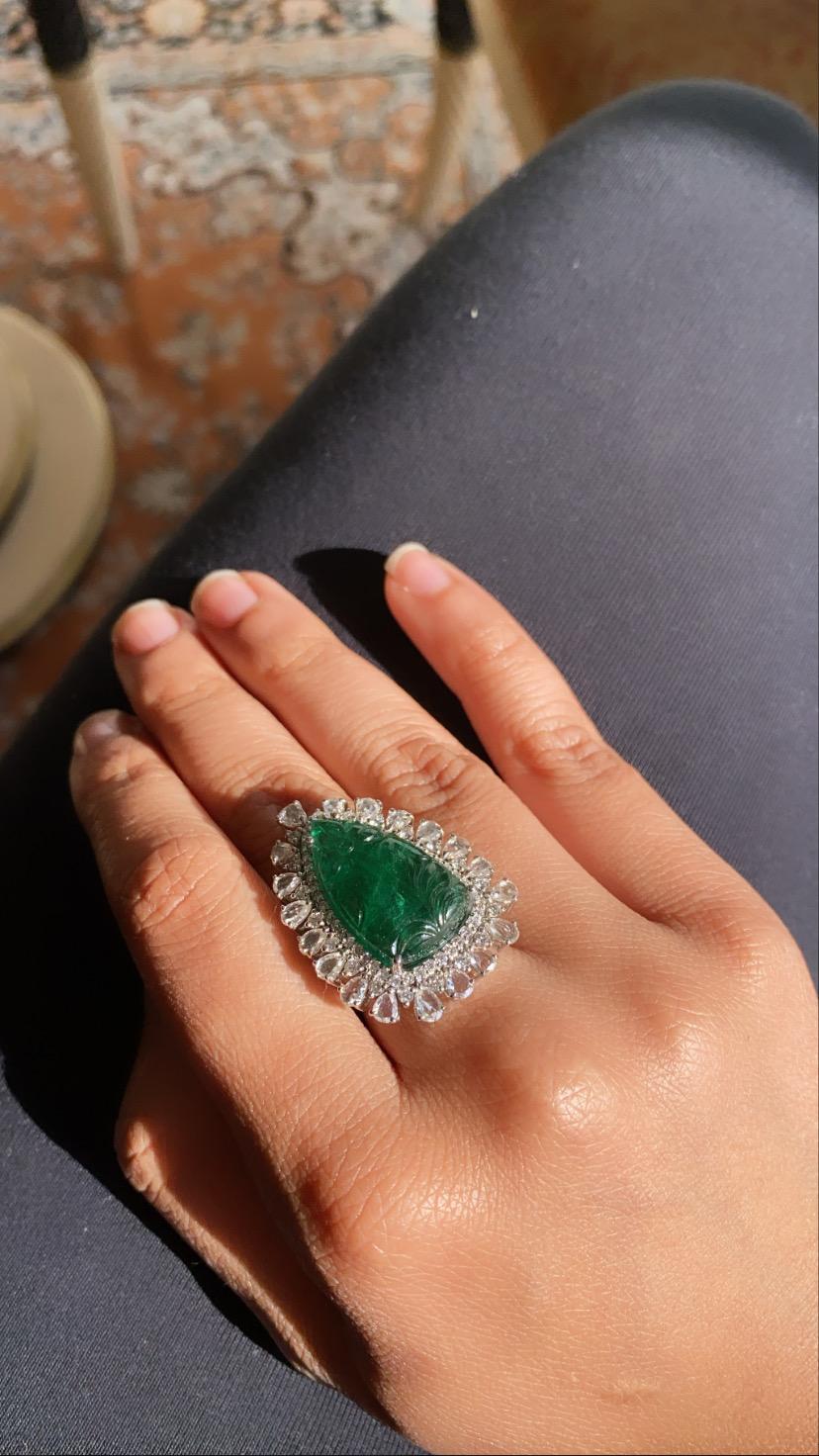 Women's Natural Carved Emerald and Diamond Ring Set in 18 Karat Gold