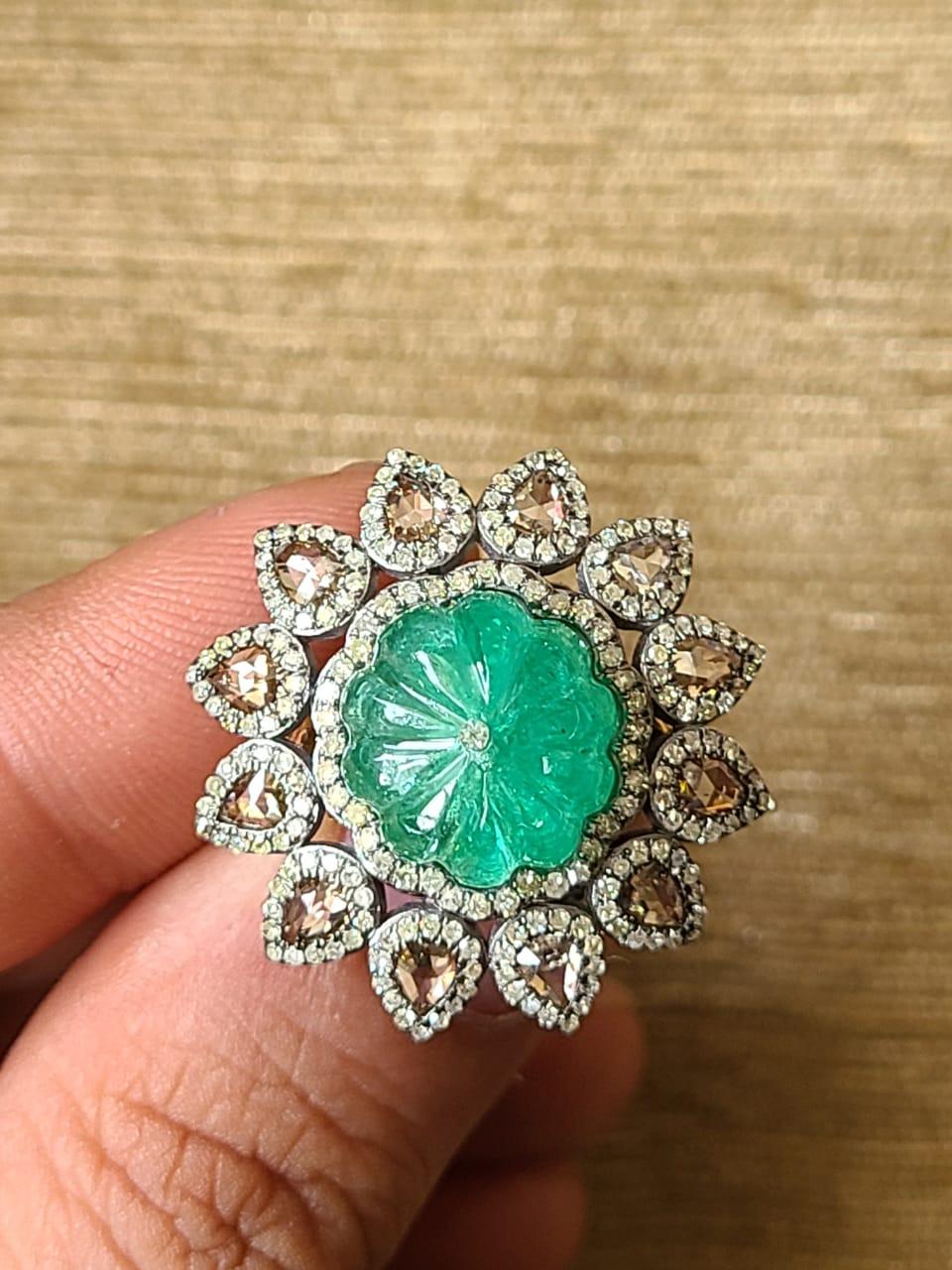 Natural, Carved Emerald & Rose Cut Diamonds Victorian / Art Deco Cocktail Ring In New Condition In Hong Kong, HK