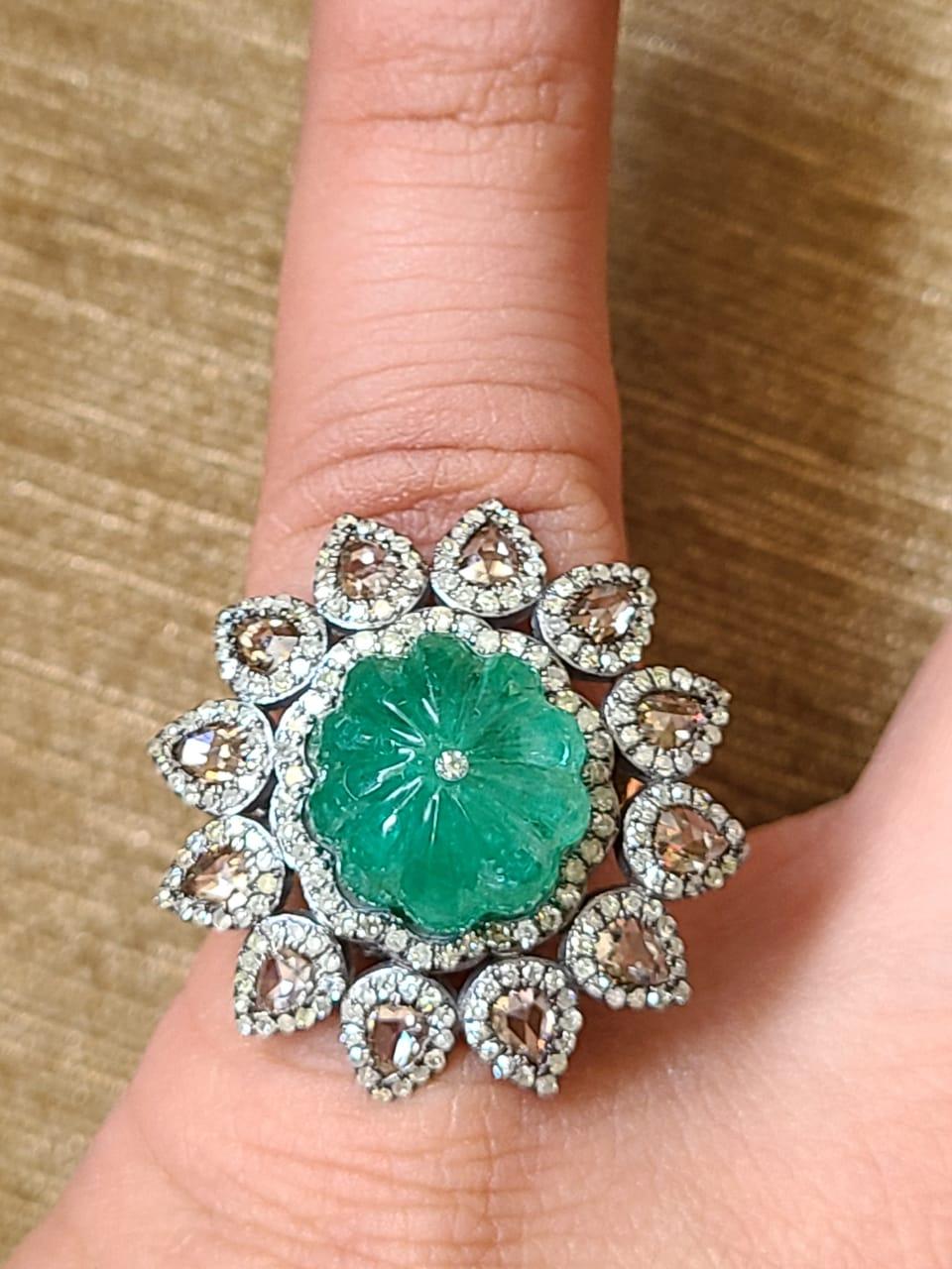 Women's or Men's Natural, Carved Emerald & Rose Cut Diamonds Victorian / Art Deco Cocktail Ring