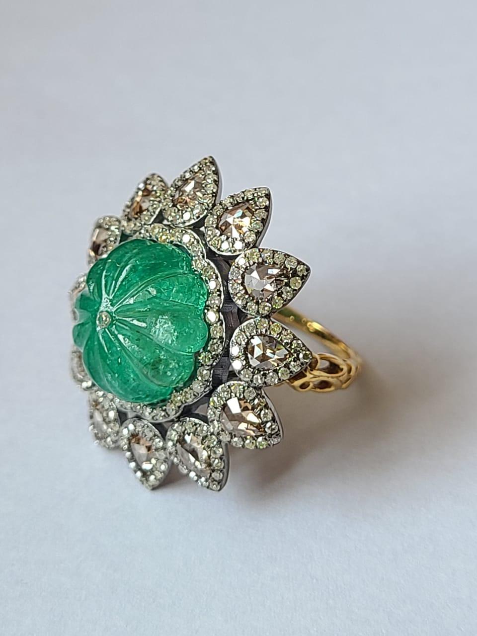 Natural, Carved Emerald & Rose Cut Diamonds Victorian / Art Deco Cocktail Ring 1