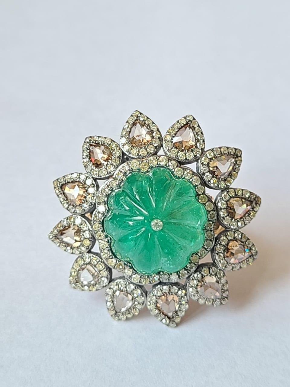 Natural, Carved Emerald & Rose Cut Diamonds Victorian / Art Deco Cocktail Ring 2