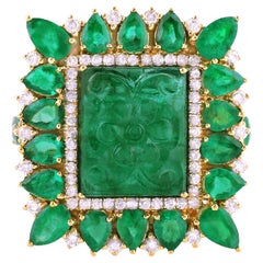 Natural Carved Emerald Retro Ring Diamond Halo 18K Yellow Gold