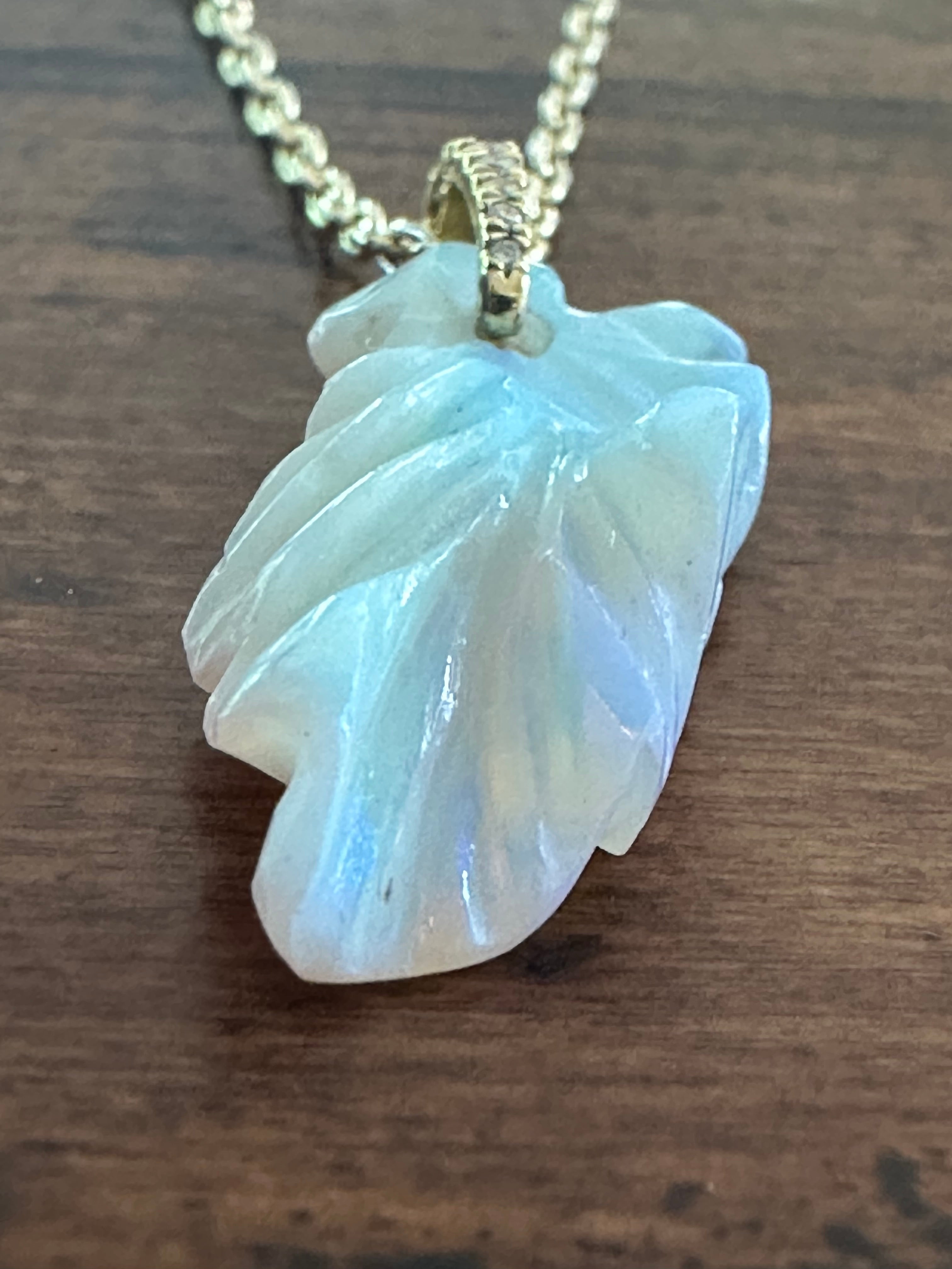 Round Cut Natural Carved Fine Opal and Diamond Pendant Necklace  For Sale