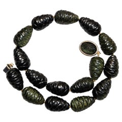 Natural Carved Golden Obsidian Beaded Necklace with Golden Obsidian Clasp, 17.5"