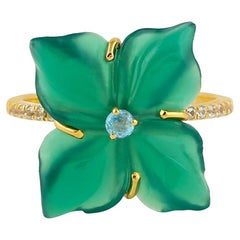 Natural Carved Green Onyx Flower Ring Blue Topaz & Sapphire 18k Yellow Gold