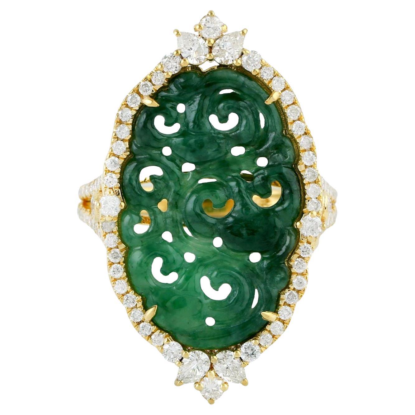 Natural Carved Jade Ring Diamond Setting 18K Yellow Gold