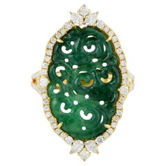 Natural Carved Jade Ring Diamond Setting 18K Yellow Gold