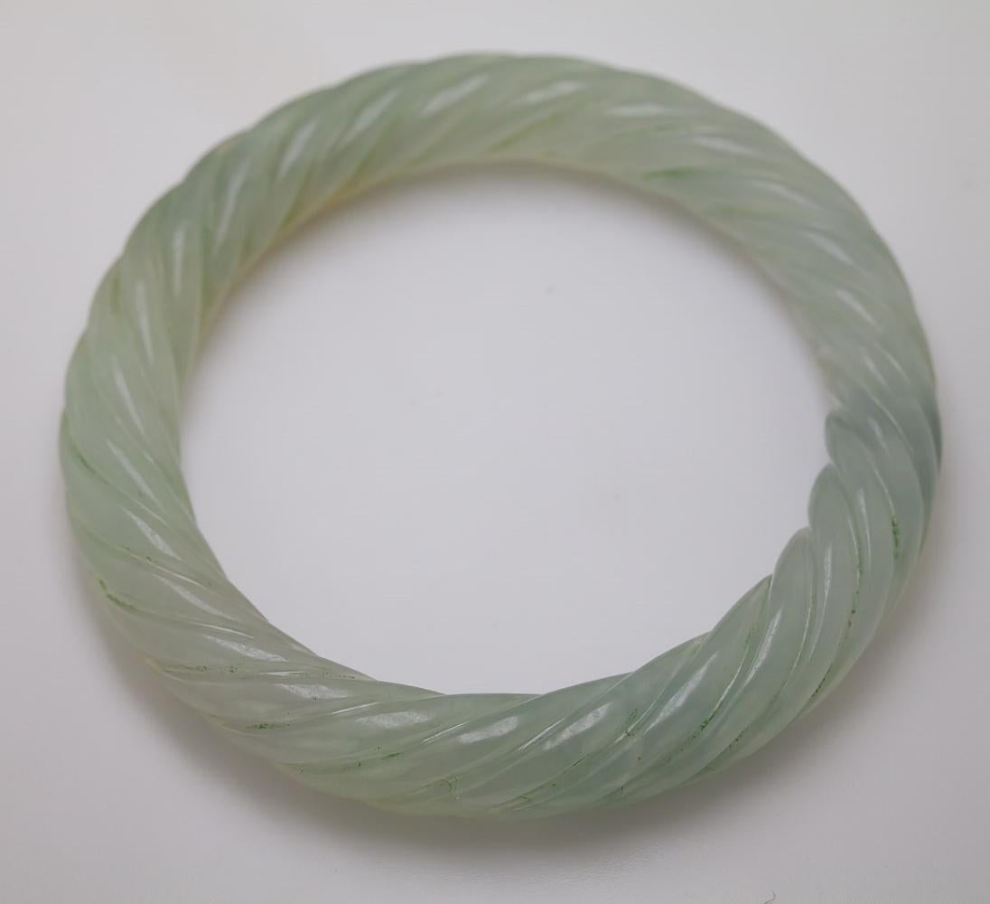 Natural Carved Jadeite Jade “GIA Report Certified” Bangle Bracelet In Excellent Condition For Sale In Pleasant Hill, CA