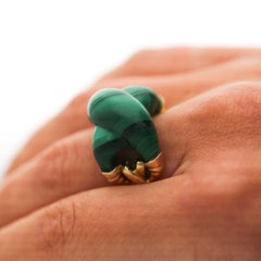 Natural Carved Malachite Quatrefoil Floral Dome Four-Prong 14K Yellow Gold Ring