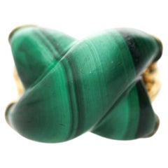 Natural Carved Malachite Quatrefoil Floral Dome Four-Prong 14K Yellow Gold Ring