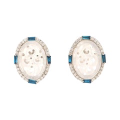 Natural Carved Oval Jade Studs With Blue & White Diamonds In 18K White Gold