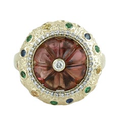 Natural Carved Pink Tourmaline Flower Multi-Gemstones & Diamond Cocktail Ring