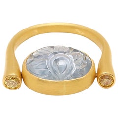 Natural Carved Sapphire and Diamond moving Ring in 22 Karat Matte Finished Gold