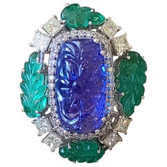 Natural Carved Tanzanite, Emerald and Diamond Ring Set in 18 Karat Gold