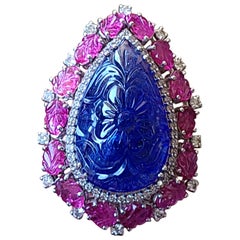 Natural Carved Tanzanite, Ruby and Diamond Ring Set in 18 Karat Gold