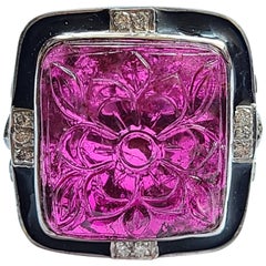 Natural Carved Tourmaline Ring in 18 Karat Gold with Black Enamel and Diamond
