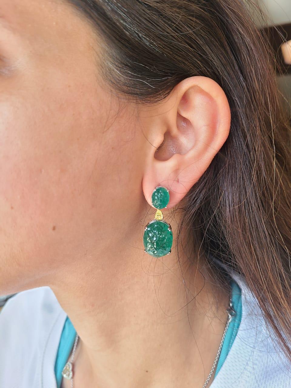 Art Deco Natural, Carved Zambian Emerald & Yellow Diamonds Drop Earrings Set in 18K Gold
