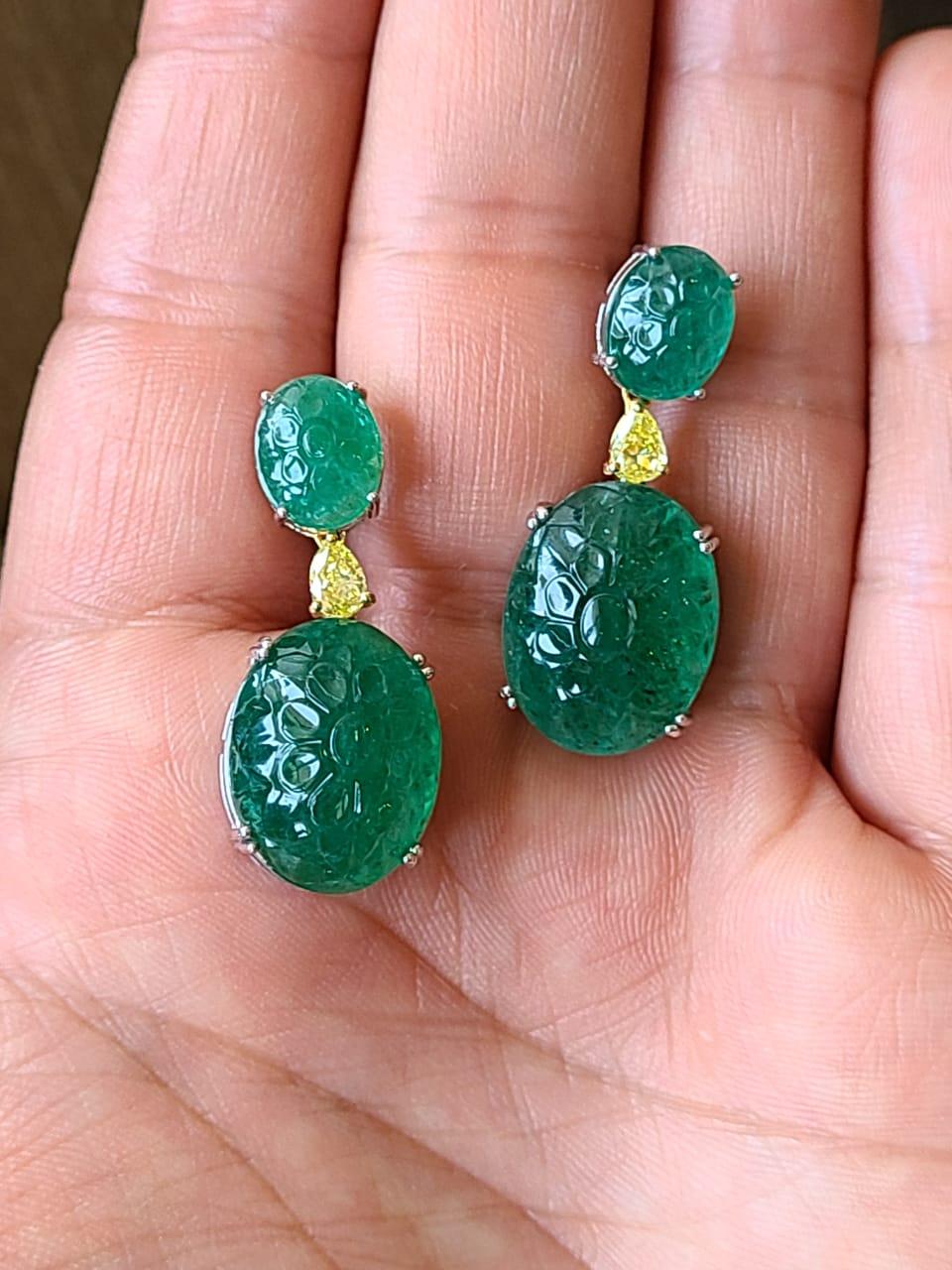 Pear Cut Natural, Carved Zambian Emerald & Yellow Diamonds Drop Earrings Set in 18K Gold