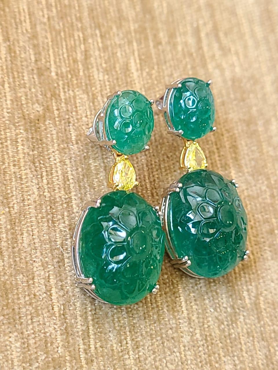 Natural, Carved Zambian Emerald & Yellow Diamonds Drop Earrings Set in 18K Gold In New Condition In Hong Kong, HK