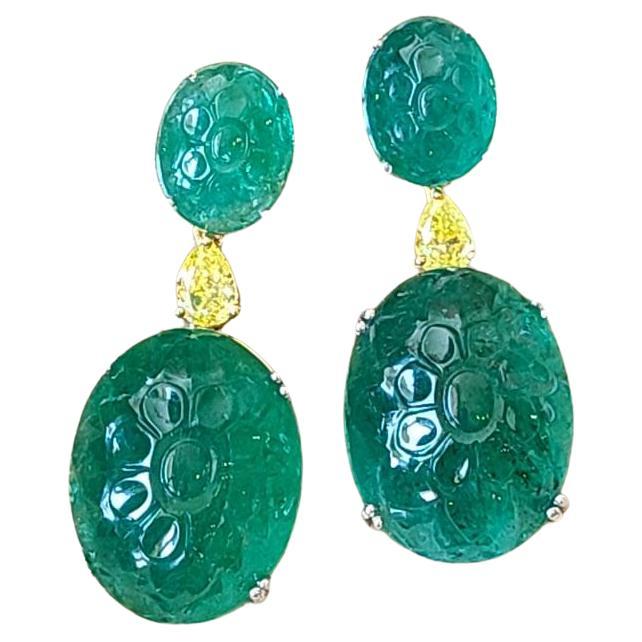 Natural, Carved Zambian Emerald & Yellow Diamonds Drop Earrings Set in 18K Gold