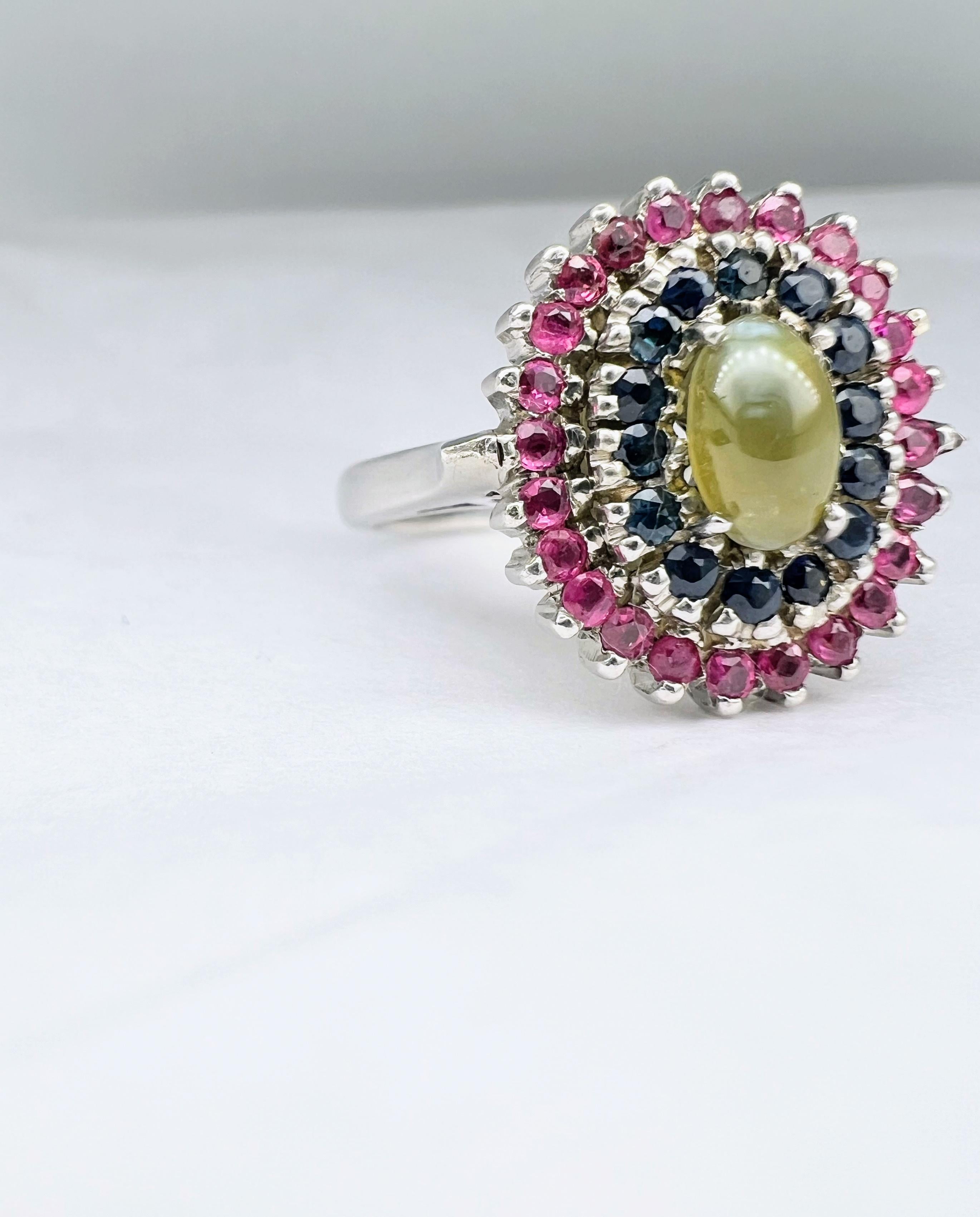 Cabochon Natural Cat's Eye Chrysoberyl and Sapphire Cocktail Ring For Sale