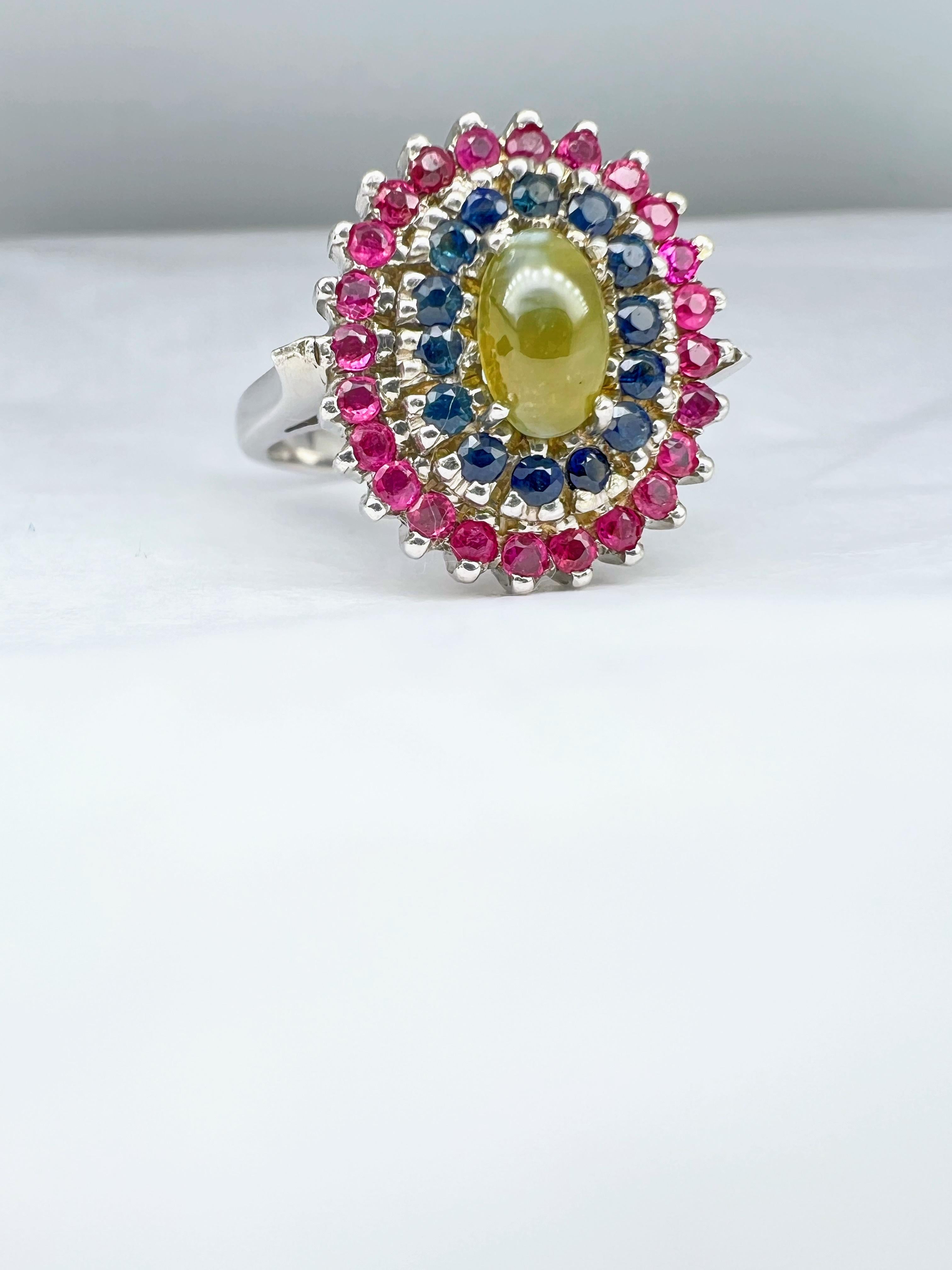 Artisan Natural Cat's Eye Chrysoberyl and Sapphire Cocktail Ring For Sale
