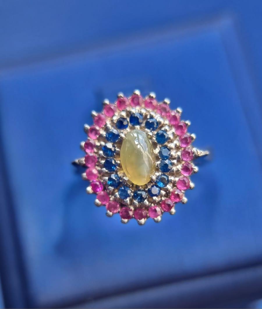 Natural Cat's Eye Chrysoberyl and Sapphire Cocktail Ring