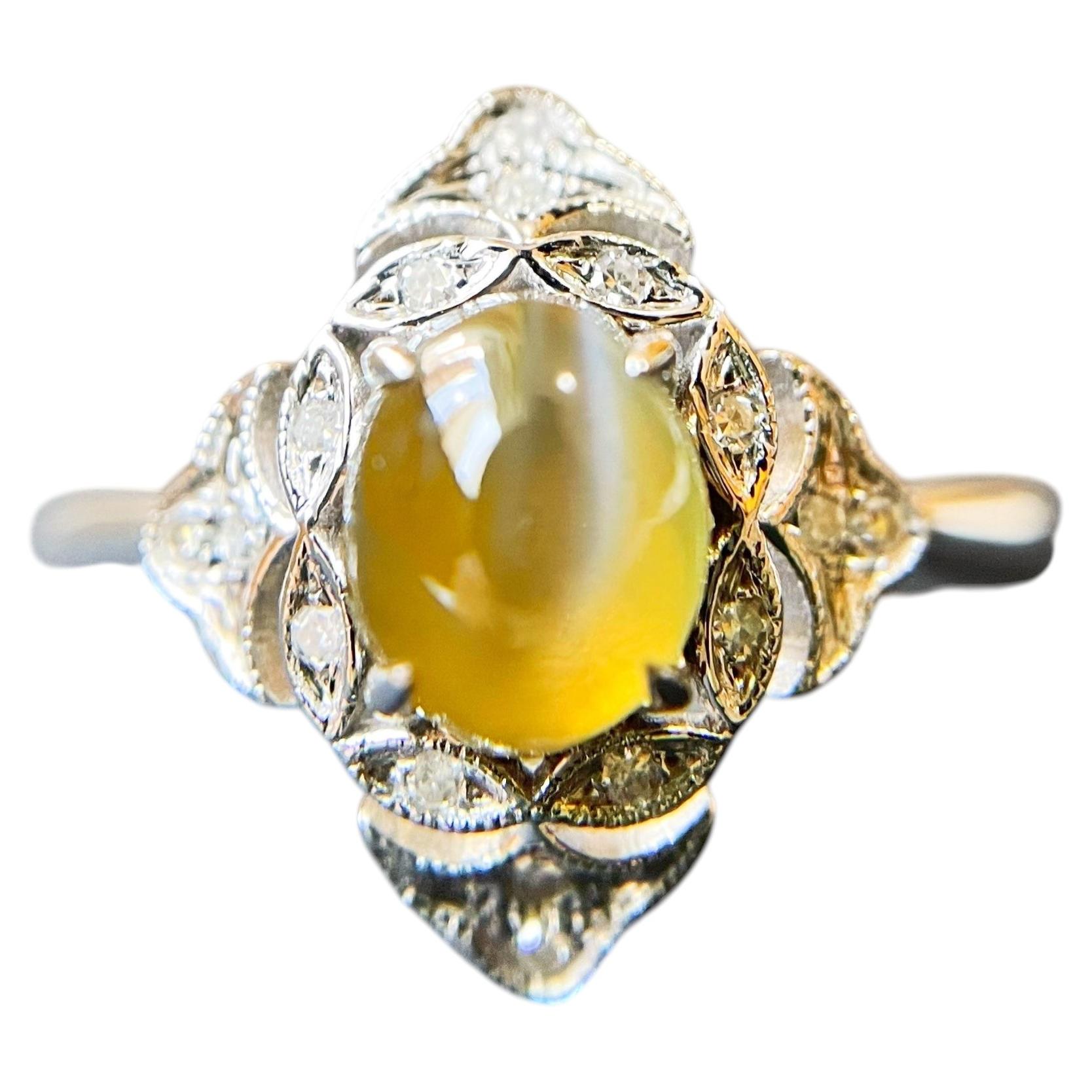Natural Cat's Eye Chrysoberyl Diamond Ring, 18K White Gold Fine Jewelry