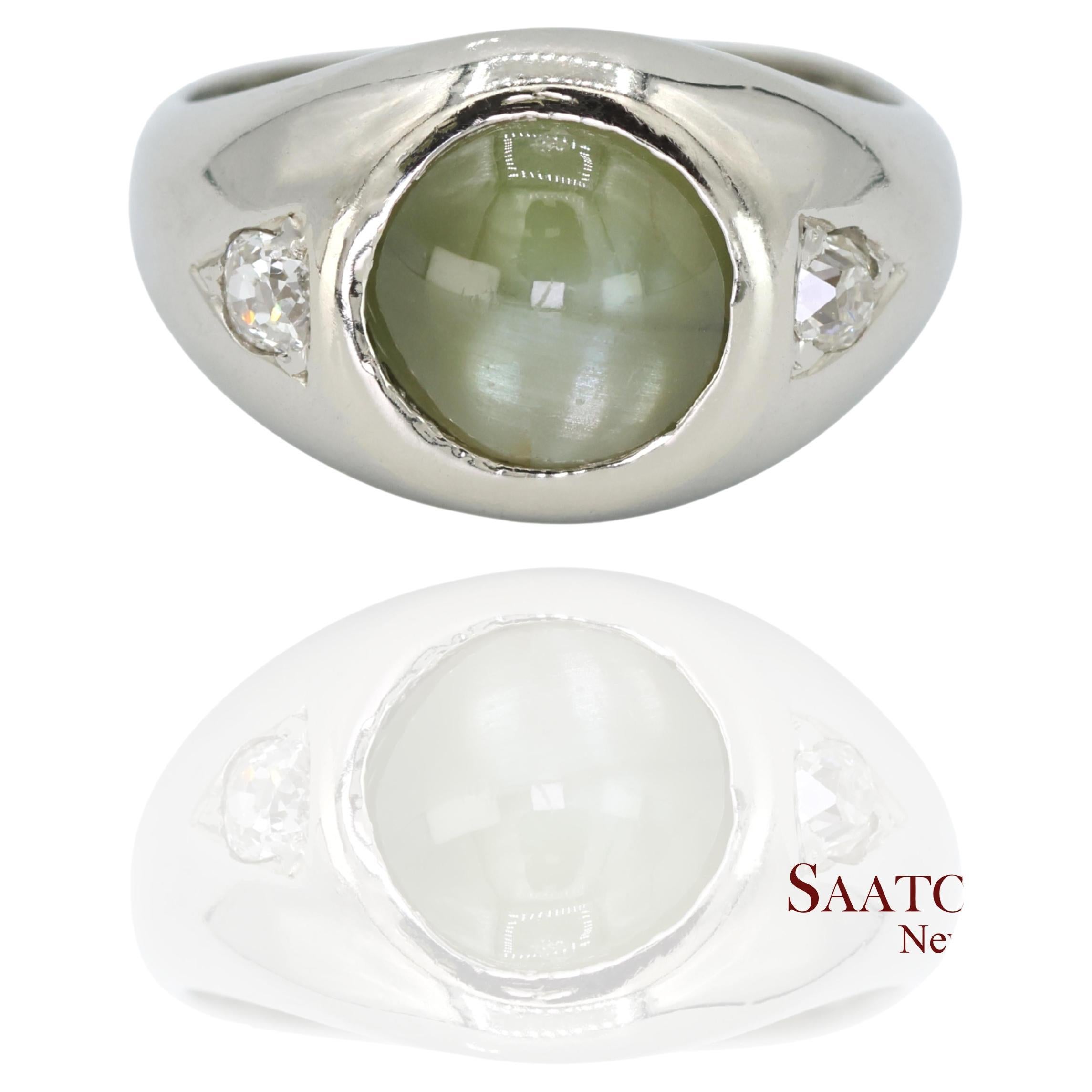 Anello con occhio di gatto naturale in oro bianco 18K 750 in vendita