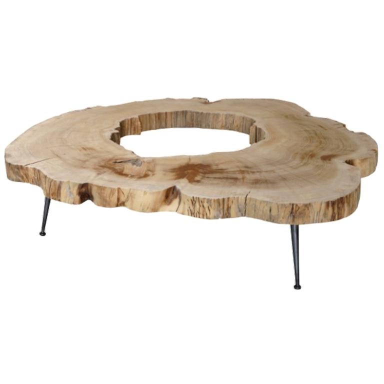 Natural Cedar Coffee Table with Metal Feet, Unique Piece, Made in Italy