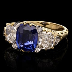 18K Gold 3 CT Natural Blue Sapphire Diamond Engagement Ring, Antique Bridal Ring
